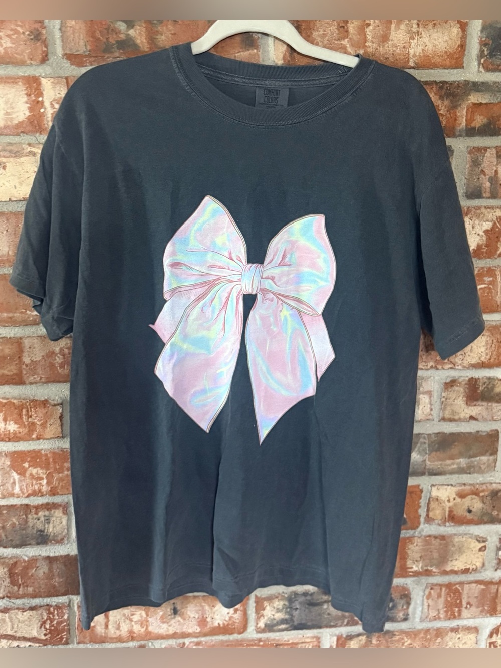 Comfort Colors Pepper Tee with Iridescent Pink Bow Graphic